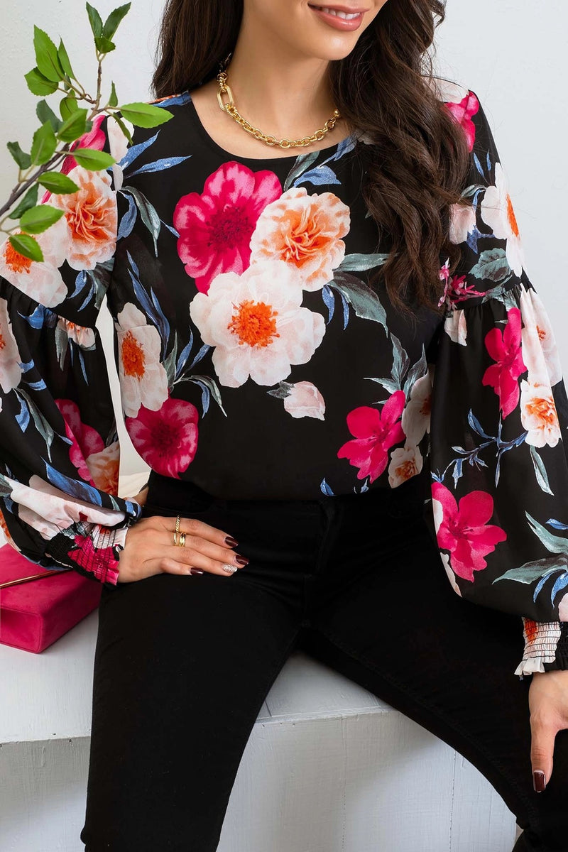 Floral Drop Sleeve Top - Black