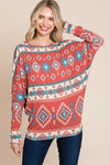 Women’s long sleeve batwing style top with southwestern aztec print in rust, cream, and turquoise. Boat neckline and hip length.
