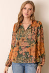 Printed Floral Long Sleeve Blouse - Green