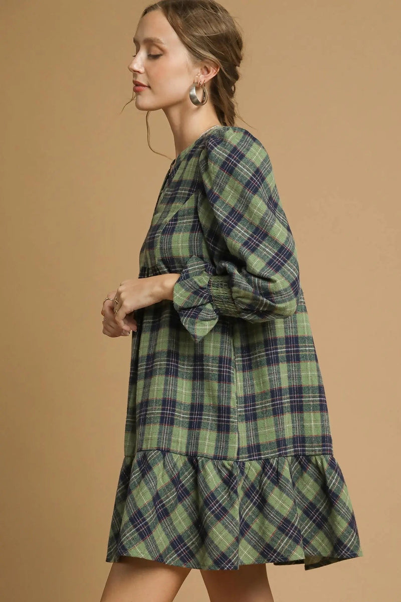Mix Plaid Tiered Mini Dress - Sage