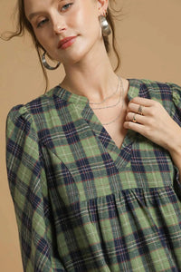 Mix Plaid Tiered Mini Dress - Sage