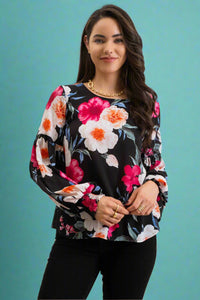 Floral Drop Sleeve Top - Black