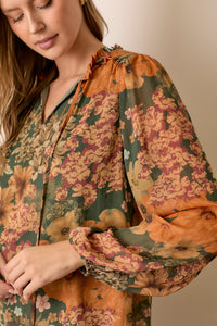 Printed Floral Long Sleeve Blouse - Green