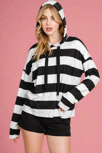 A black and white striped hooded sweatshirt. 