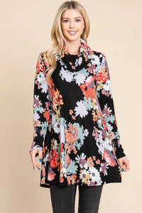 Floral Knit Cowl Neck Top Black