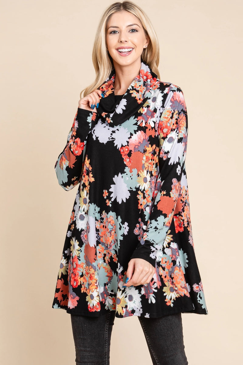 Floral Knit Cowl Neck Top Black