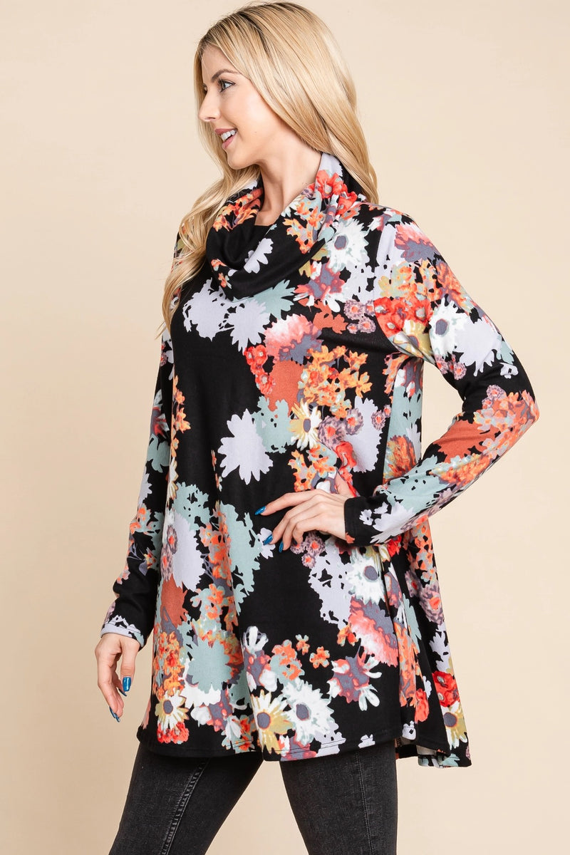 Floral Knit Cowl Neck Top Black