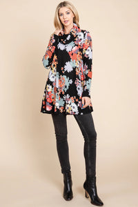 Floral Knit Cowl Neck Top Black