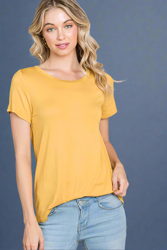 This basic, crew neck short sleeve tee is a Dijon yellow color. It is lightweight and medium length.