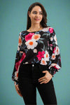 Floral Drop Sleeve Top - Black