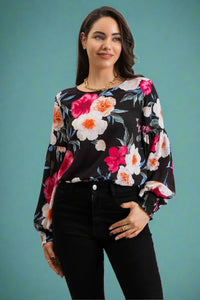 Floral Drop Sleeve Top - Black