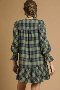 Mix Plaid Tiered Mini Dress - Sage