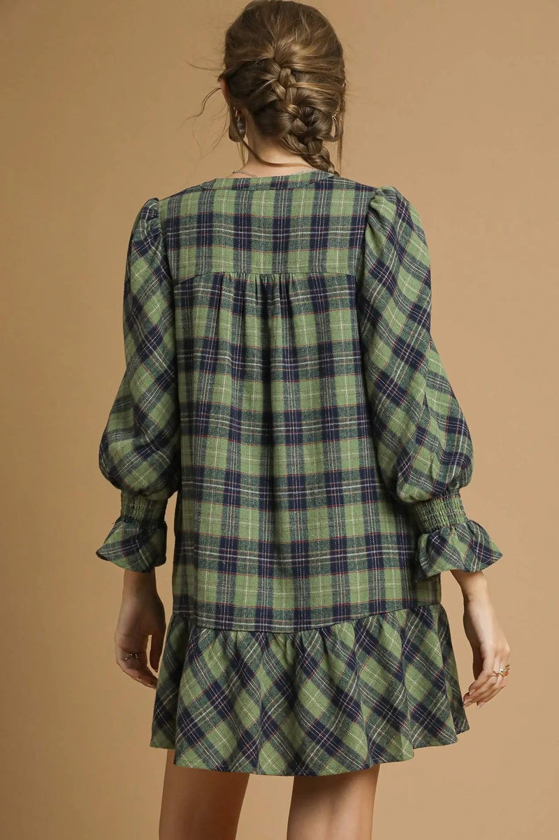 Mix Plaid Tiered Mini Dress - Sage
