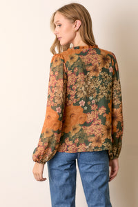 Printed Floral Long Sleeve Blouse - Green