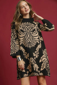Two Tone Abstract Sweater Dress - Black