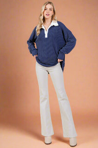 Long Sleeve Collar Ribbed Shirt Navy
