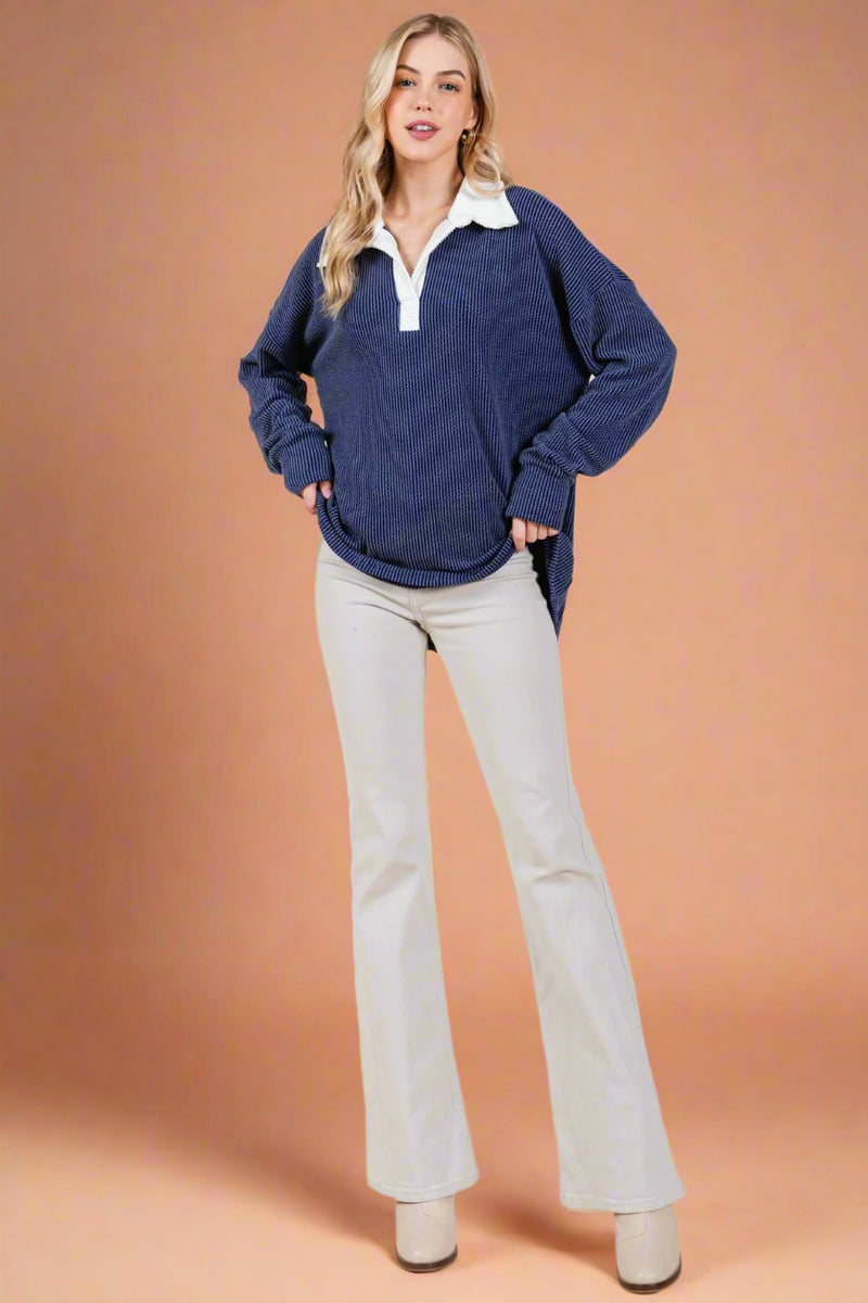 Long Sleeve Collar Ribbed Shirt Navy