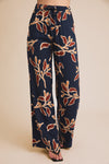Wide Leg Floral Print Pants - Navy