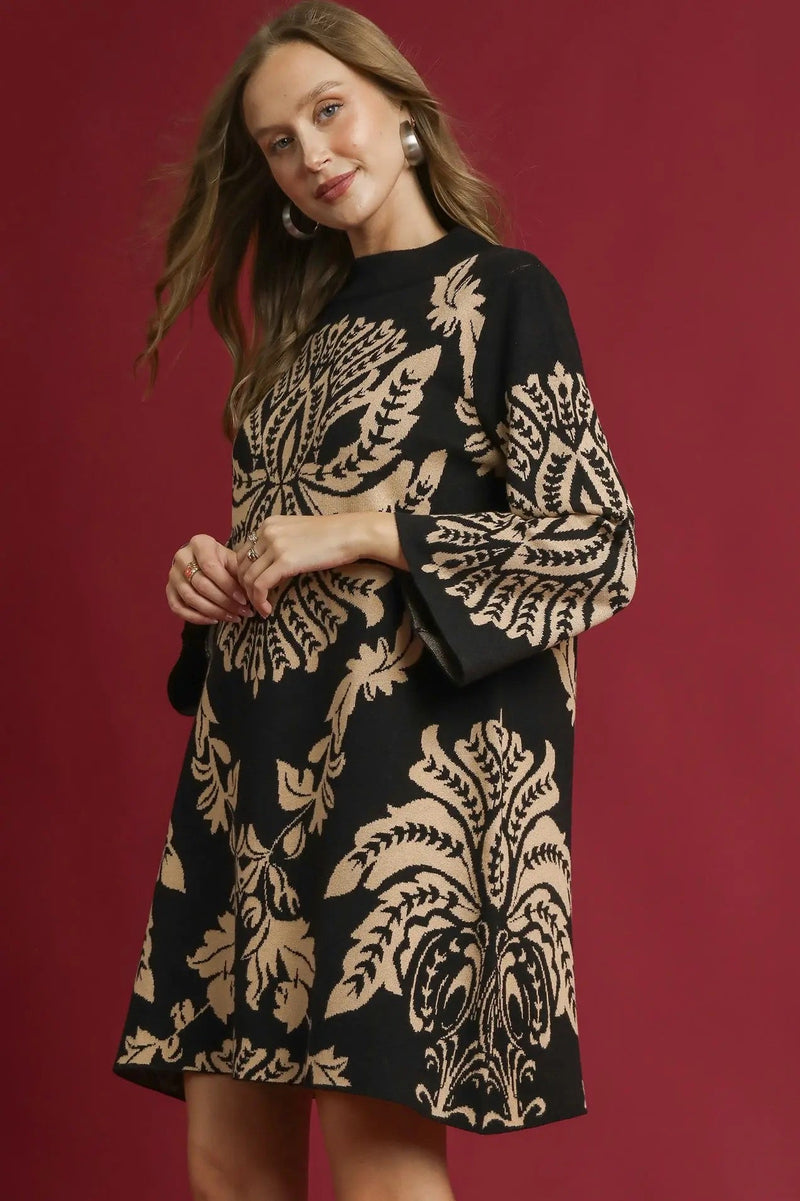 Two Tone Abstract Sweater Dress - Black