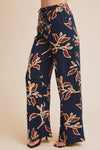 Wide Leg Floral Print Pants - Navy