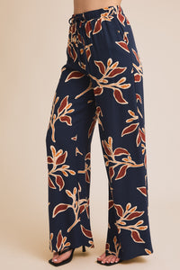Wide Leg Floral Print Pants - Navy