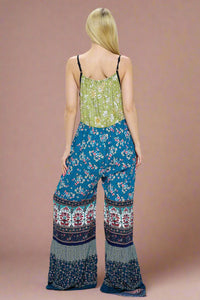 Jumpsuit Boho Overall Patchwork Floral Wide Leg - Blue