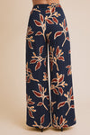 Wide Leg Floral Print Pants - Navy