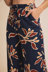 Wide Leg Floral Print Pants - Navy