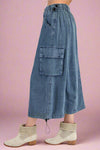 Elastic Waisted Cargo Skirt Washed Denim