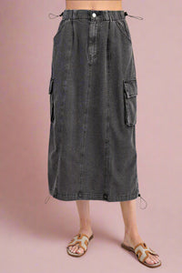Elastic Waisted Cargo Skirt Black Denim
