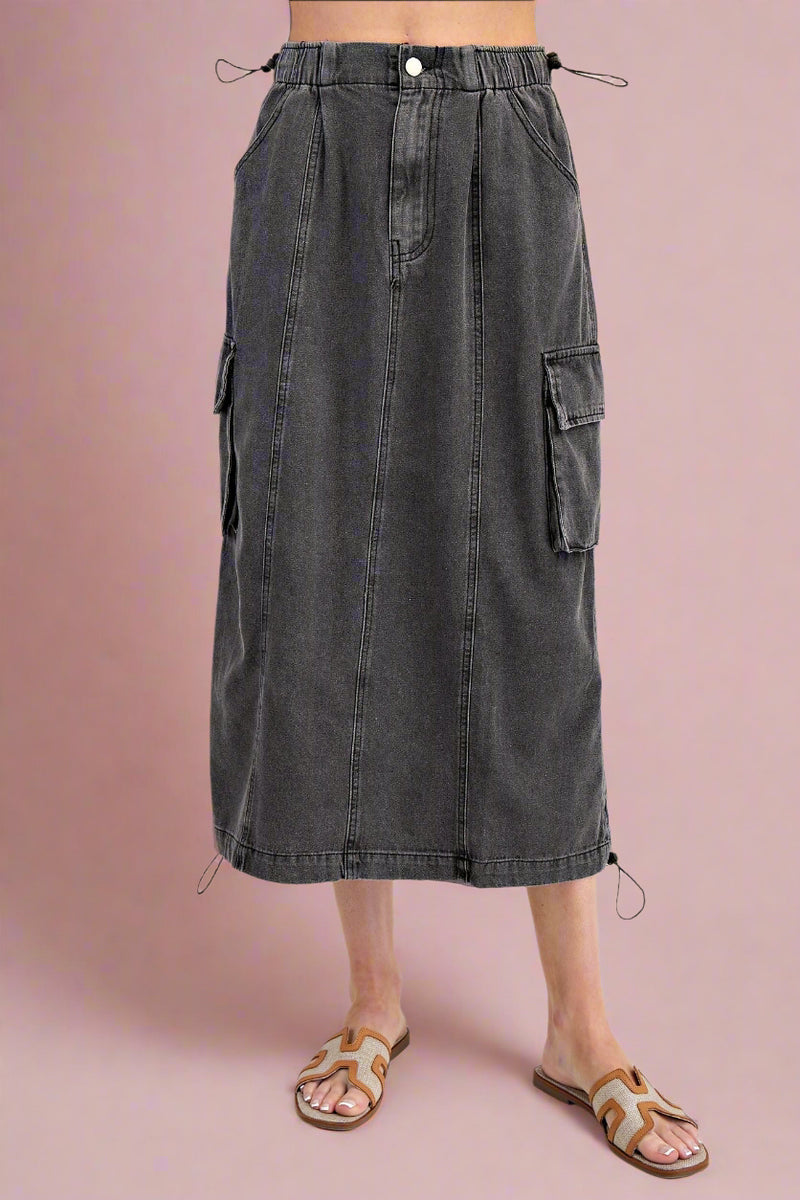 Elastic Waisted Cargo Skirt Black Denim