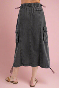 Elastic Waisted Cargo Skirt Black Denim