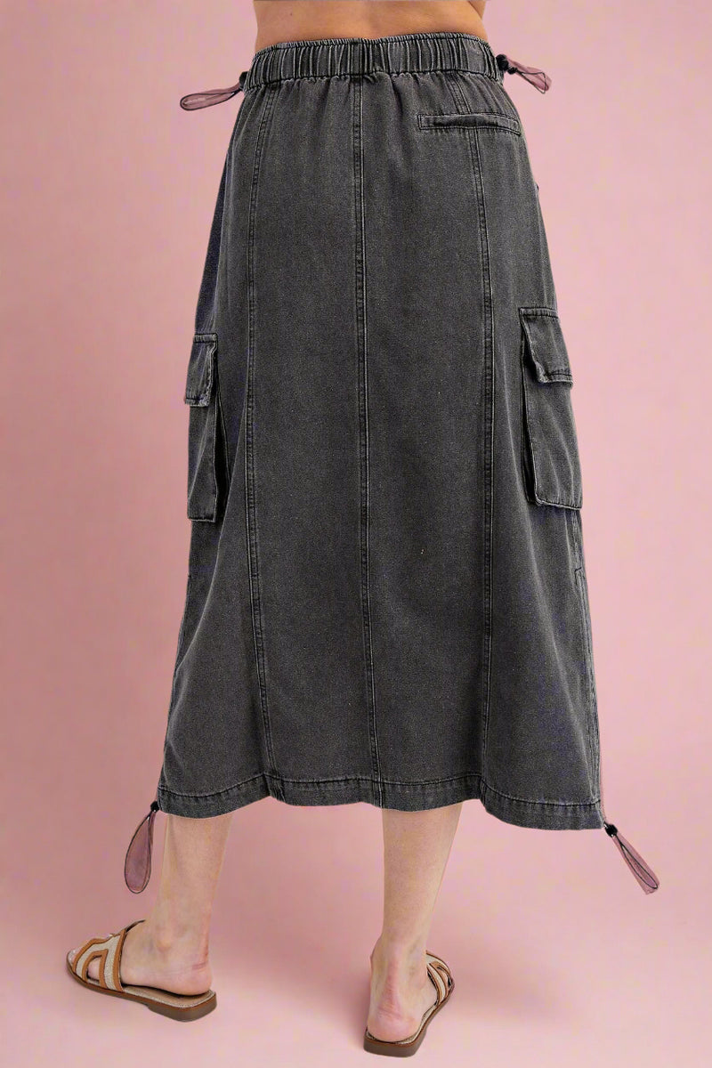 Elastic Waisted Cargo Skirt Black Denim