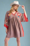 Embroidered Poly Linen Woven Dress Mocha