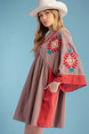 Embroidered Poly Linen Woven Dress Mocha