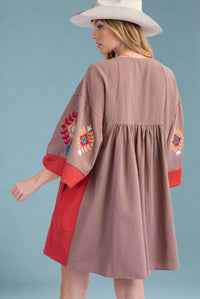 Embroidered Poly Linen Woven Dress Mocha