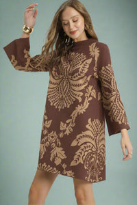 Two Tone Abstract Sweater Dress - Brown