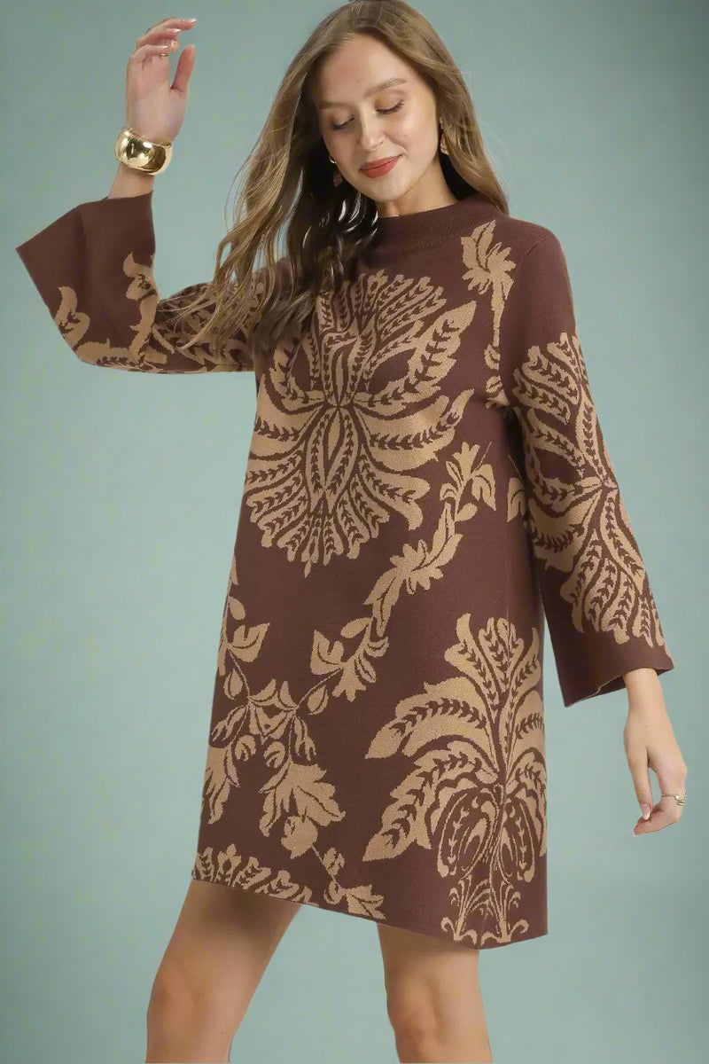 Two Tone Abstract Sweater Dress - Brown