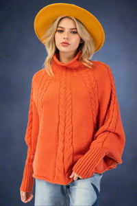 Mock Neck Knit Poncho Sweater Pumpkin