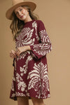 Two Tone Abstract Sweater Dress - Burgundy