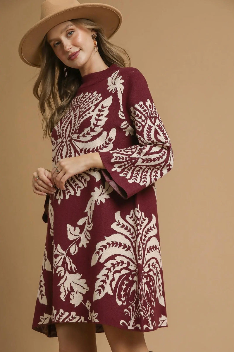 Two Tone Abstract Sweater Dress - Burgundy