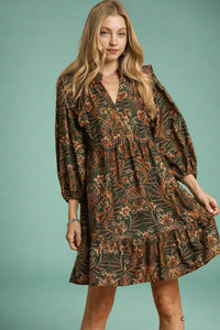 Floral Long Sleeve Mini Dress - Olive