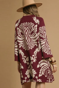 Two Tone Abstract Sweater Dress - Burgundy