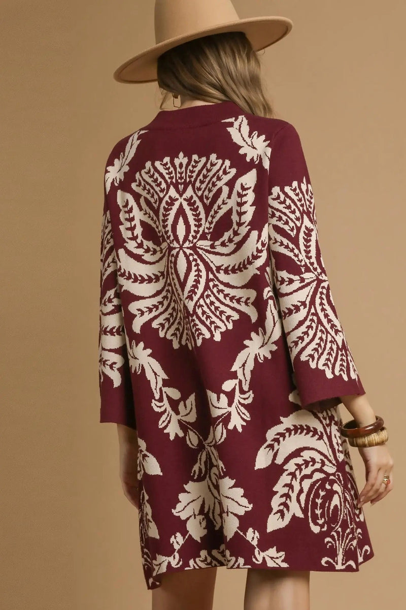 Two Tone Abstract Sweater Dress - Burgundy