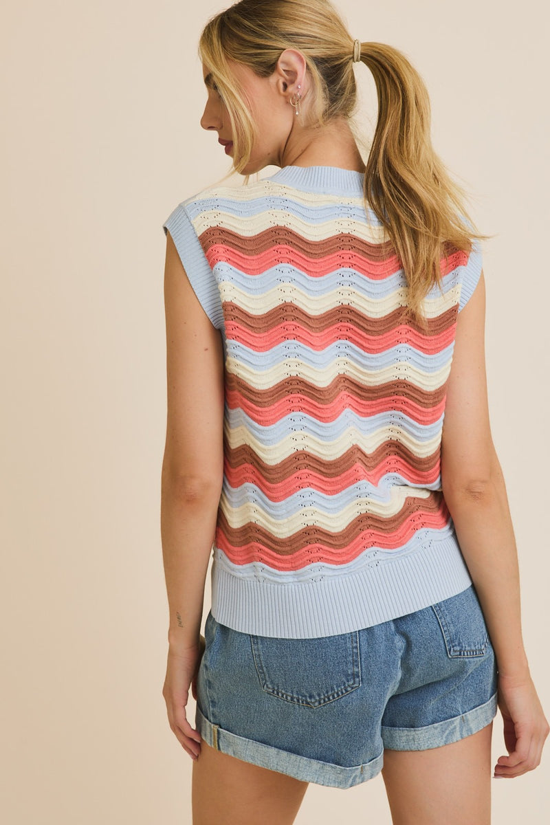 Sleeveless Wave Stripe Crochet Top - Blue
