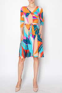 Leaf Faux Wrap Dress Blue