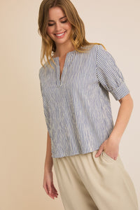 V Neck Popover Top - Navy