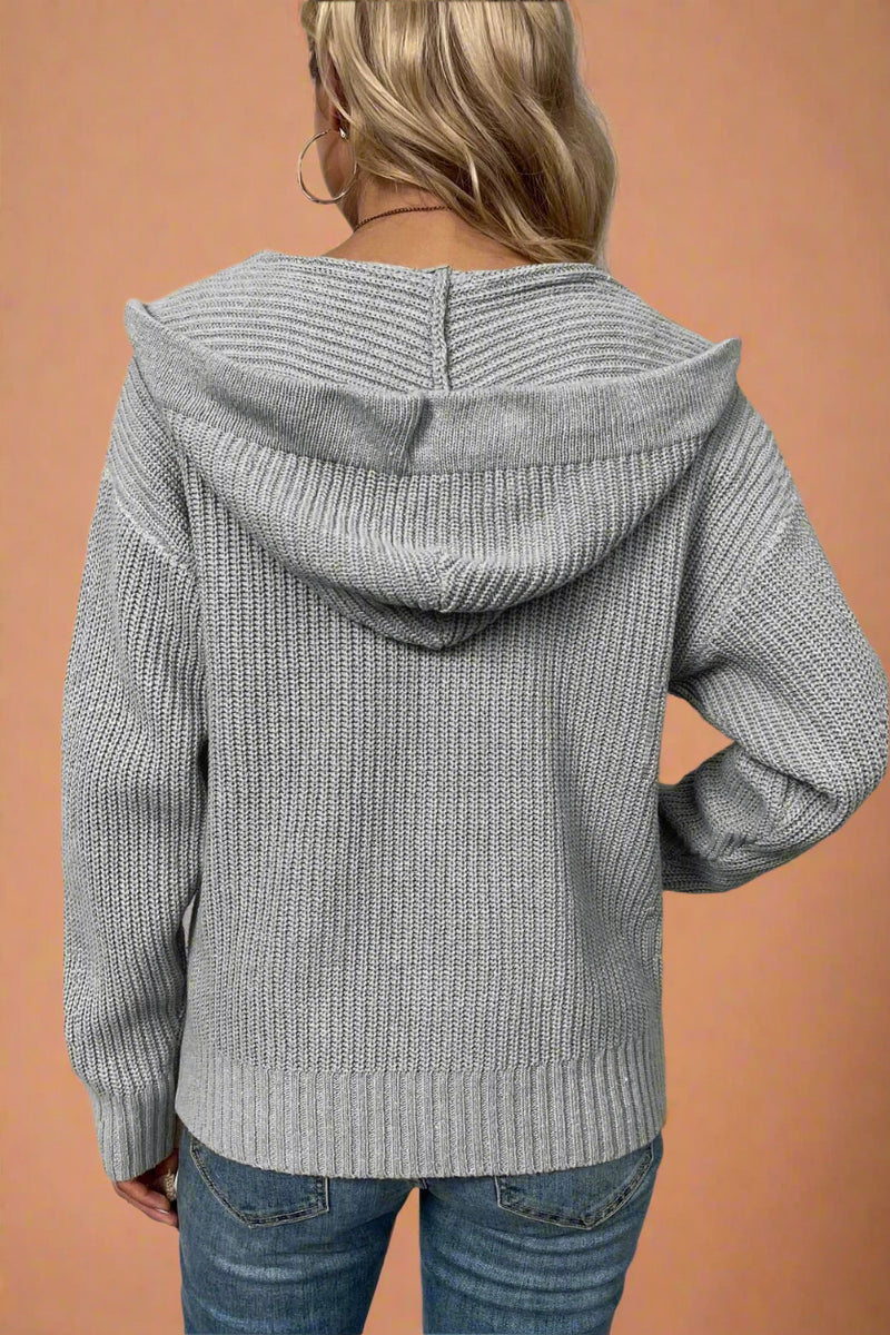 Ribbed Knit Zip Up Hoodie Grey