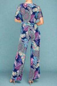 Palm Leaf Print Jumpsuit Navy