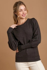 Boat Neck Knit Top Shirring Sleeves - Grey